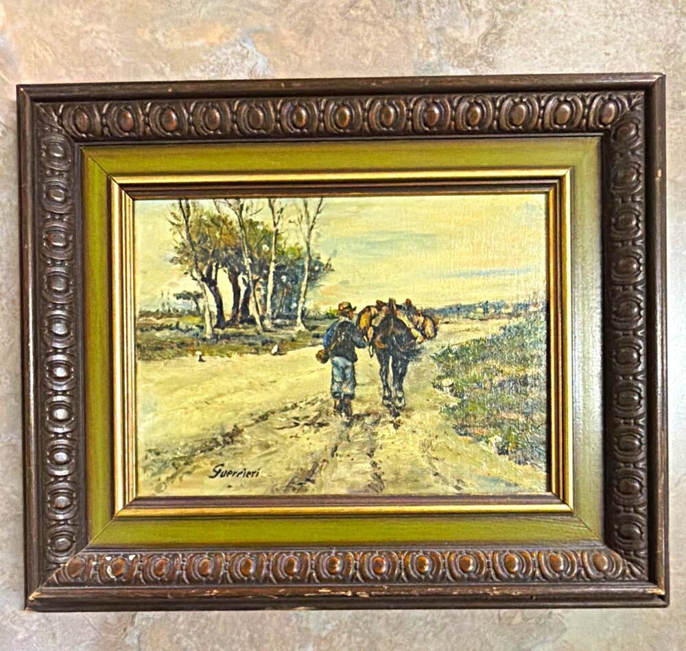 Guerrieri Signed Framed Canvas Painting Impressionist Landscape Horse Road 20x15